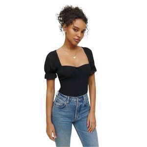 Reformation Delevan Top – Black Puff Sleeve Tie Front